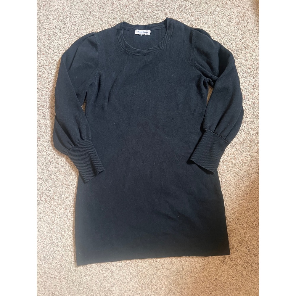 Tommy Bahama Black Knit Sweater Dress Long Puff Sleeve Crew Neck Mini Shift
